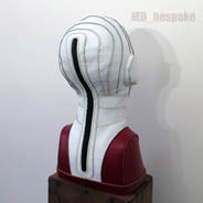 White and red leather mannequin head stand rear